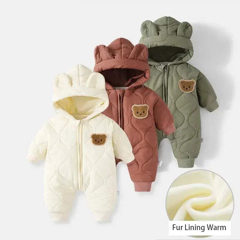 Winter Baby Romper With Fur Lining Hooded Unisex Jumpsuit