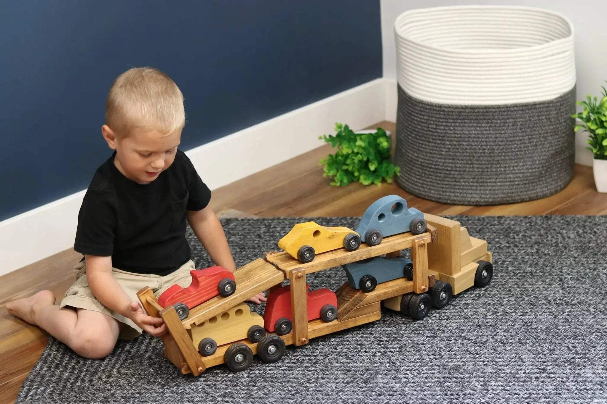 Wooden Car-Carrier Semi Truck and Trailer Toy Set with 6 Cars - Image 4