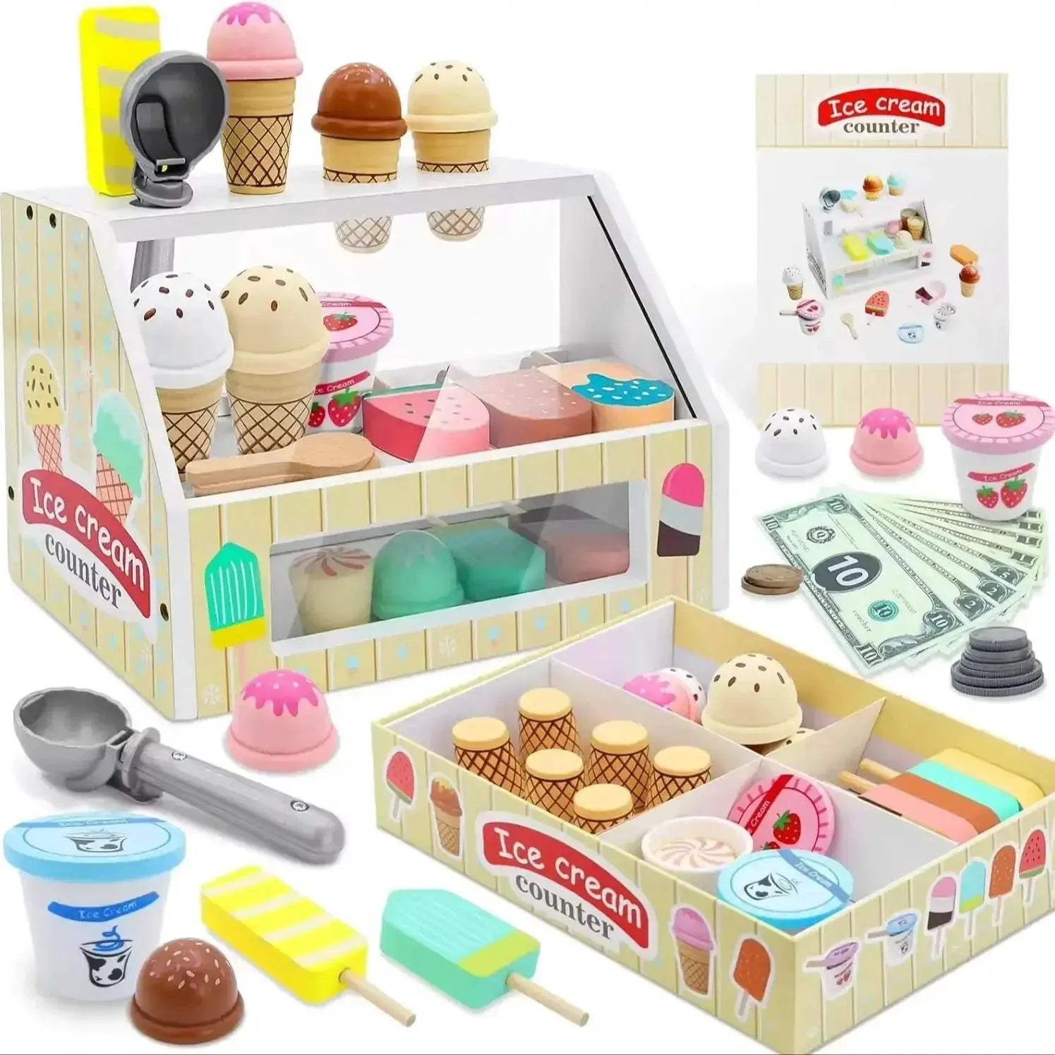Wooden Ice Cream Counter Playset With Coin Role Play
