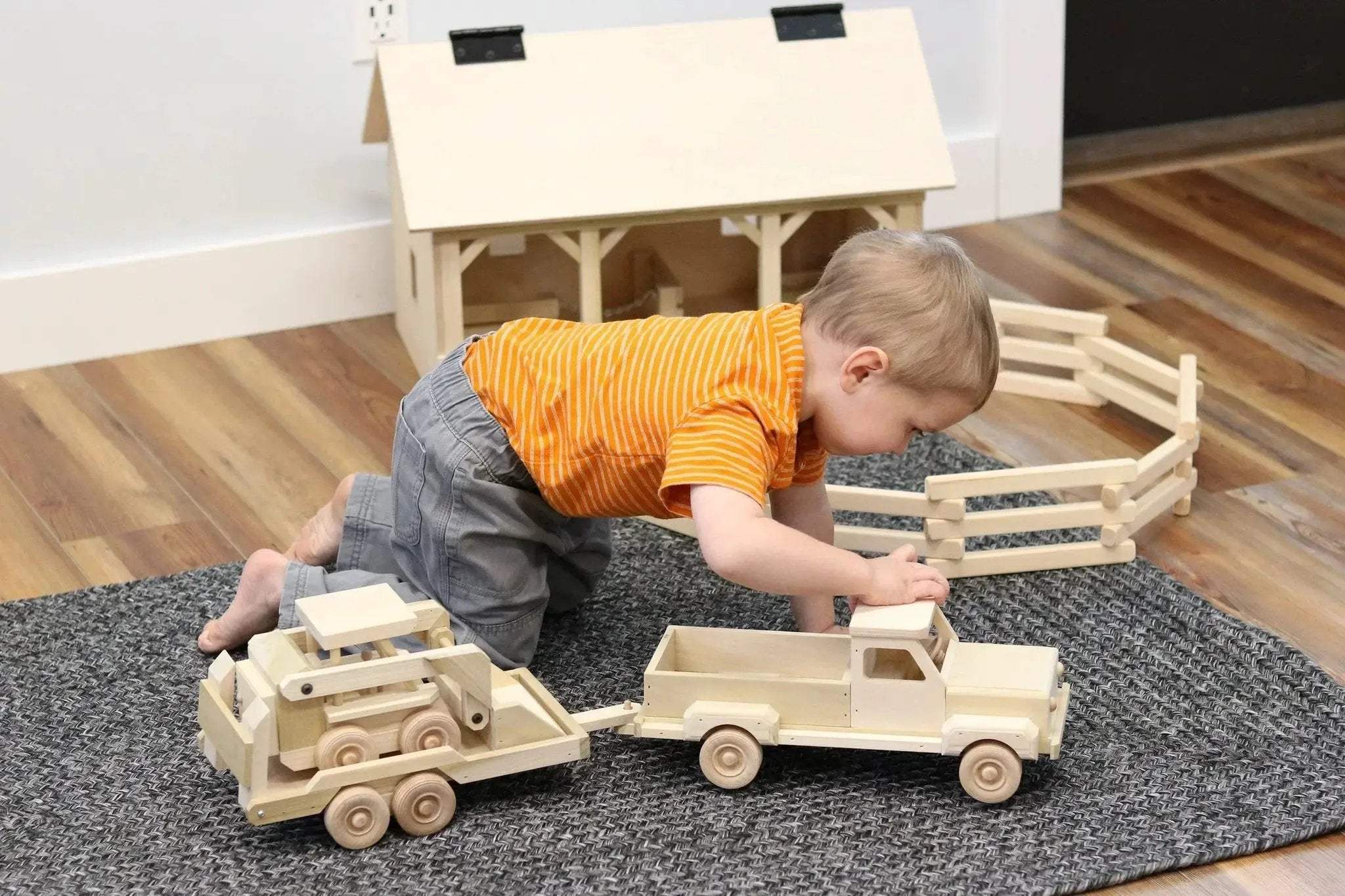 Wooden Toy Pickup Truck and Flatbed Trailer with Skidloader Set - Image 2