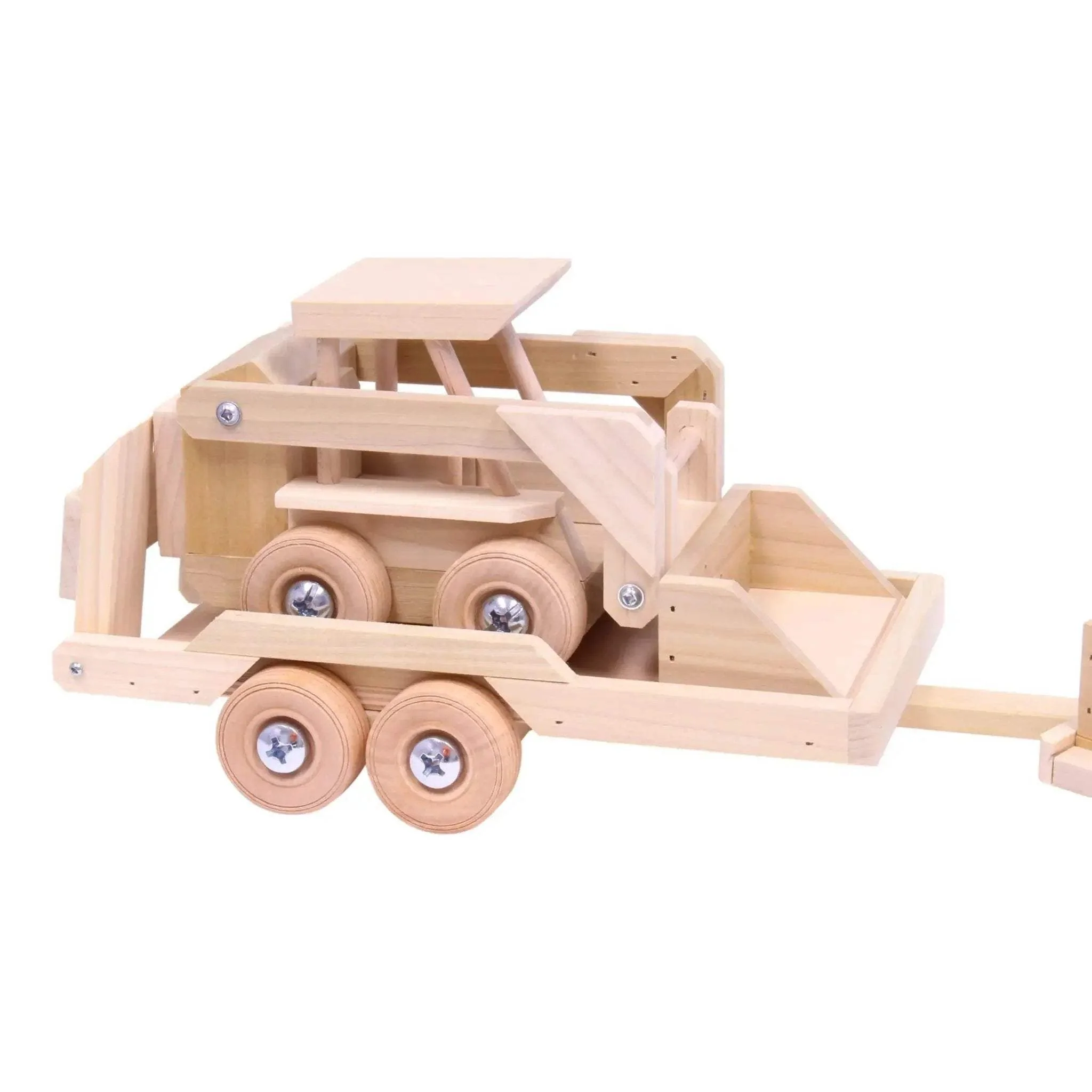 Wooden Toy Pickup Truck and Flatbed Trailer with Skidloader Set - Image 3