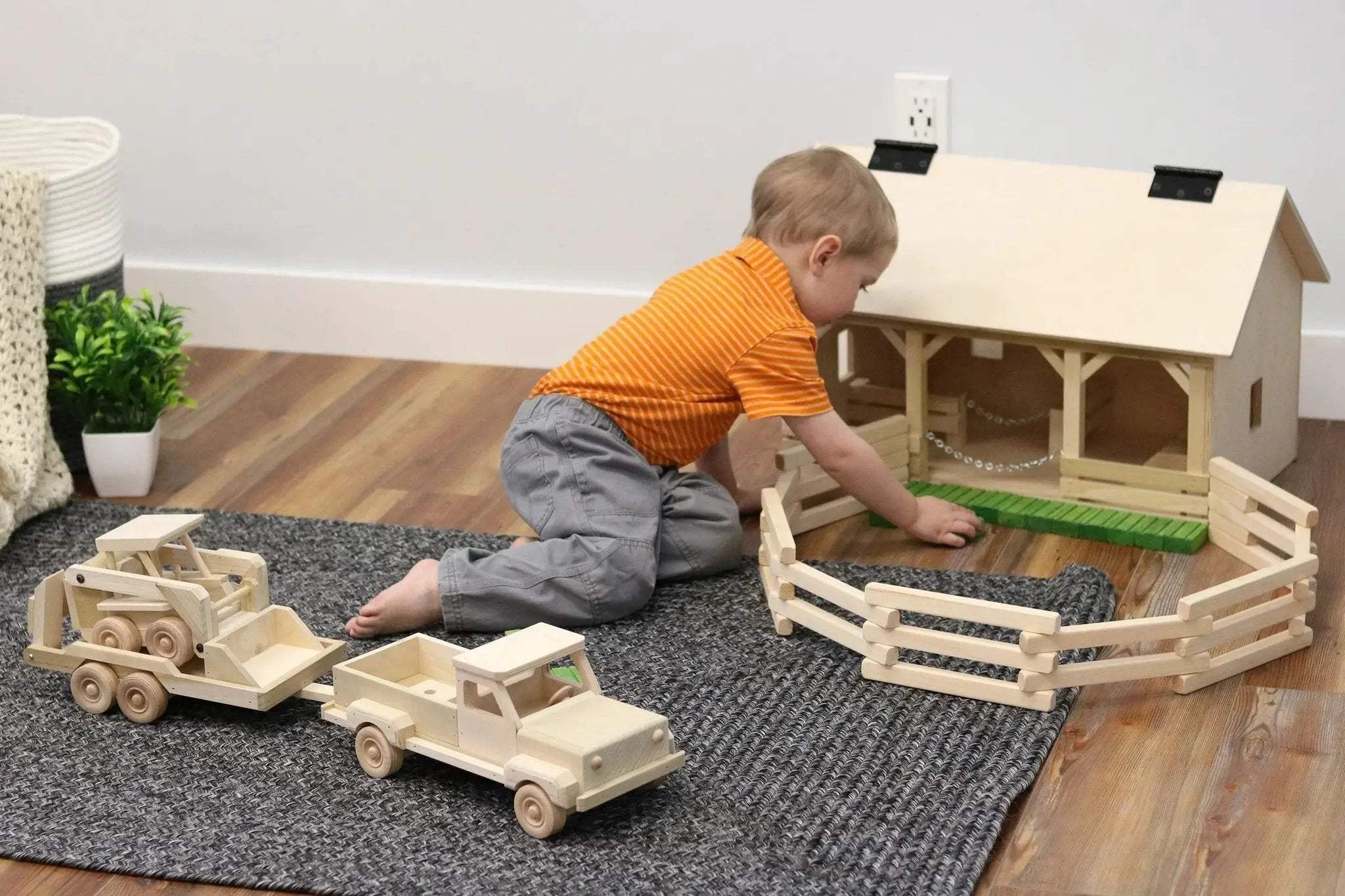 Wooden Toy Pickup Truck and Flatbed Trailer with Skidloader Set - Image 4